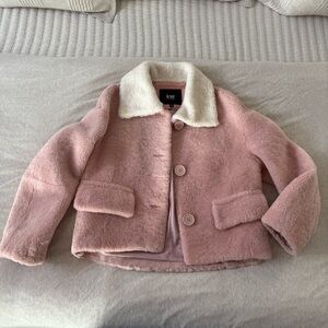 In See Pink and White‎ Teddy Sherpa Jacket with Leather Accents